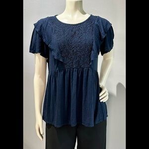 Knox Rose Navy Crochet Yoke Flutter Sleeve Blouse